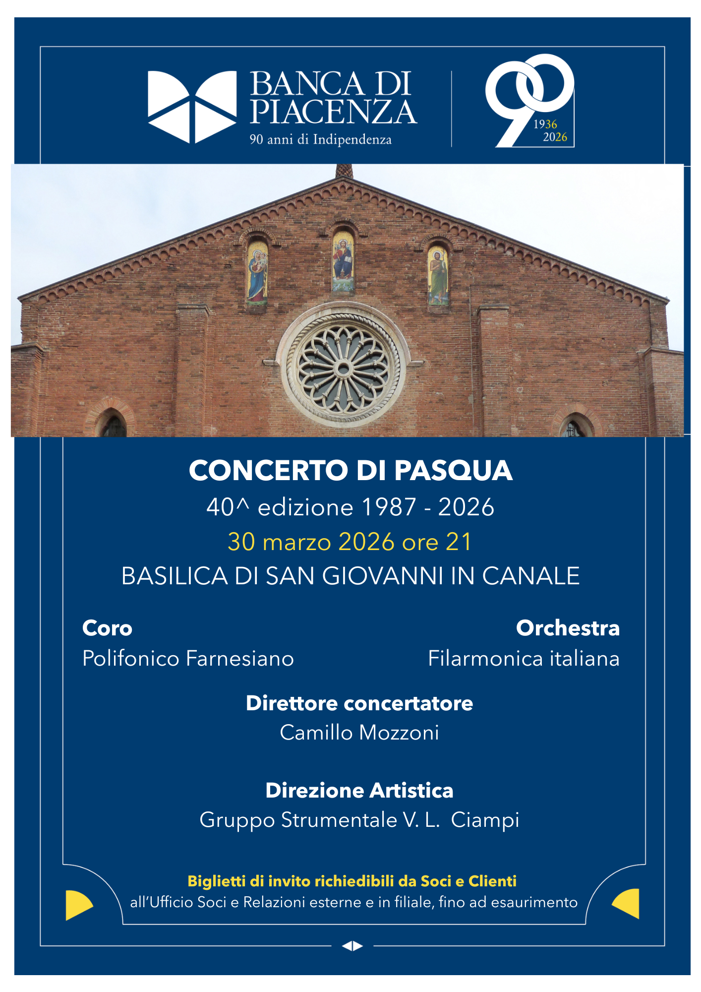 CONCERTO DI PASQUA 40^ edizione  BASILICA DI SAN GIOVANNI IN CANALE Lunedì 30 marzo ore 21