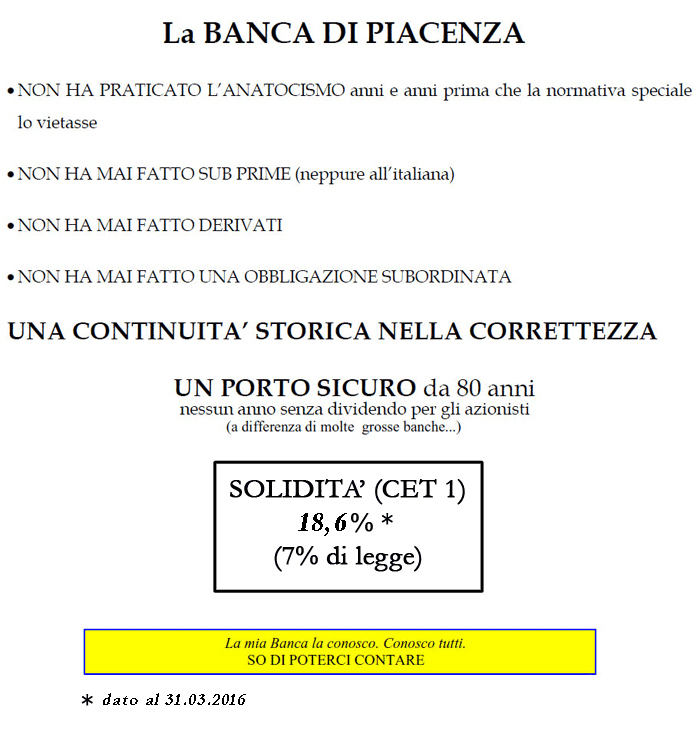 LA BANCA DI PIACENZA, UNA CONTINUITA' STORICA NELLA CORRETTEZZA, UN PORTO SICURO DA 80 ANNI
