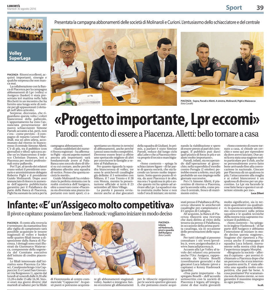 CAMPAGNA ABBONAMENTI LPR VOLLEY PIACENZA E UCC ASSIGECO BASKET - LIBERTA'