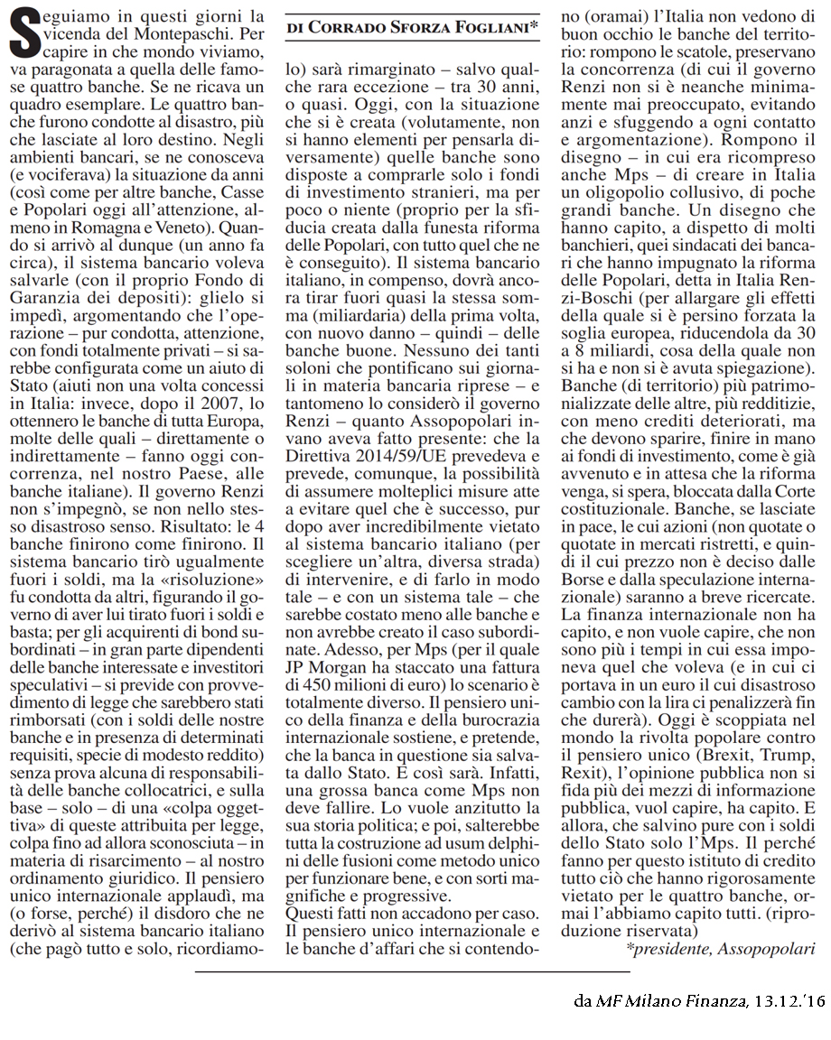 Articolo del Presidente Sforza Fogliani su MF
