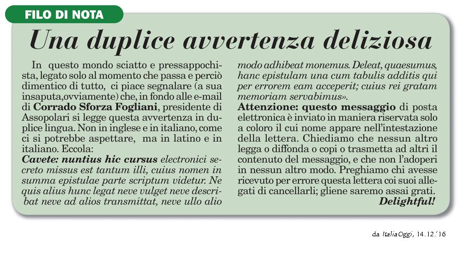 AVVERTENZA E-MAIL DELIZIOSA SU ITALIA OGGI