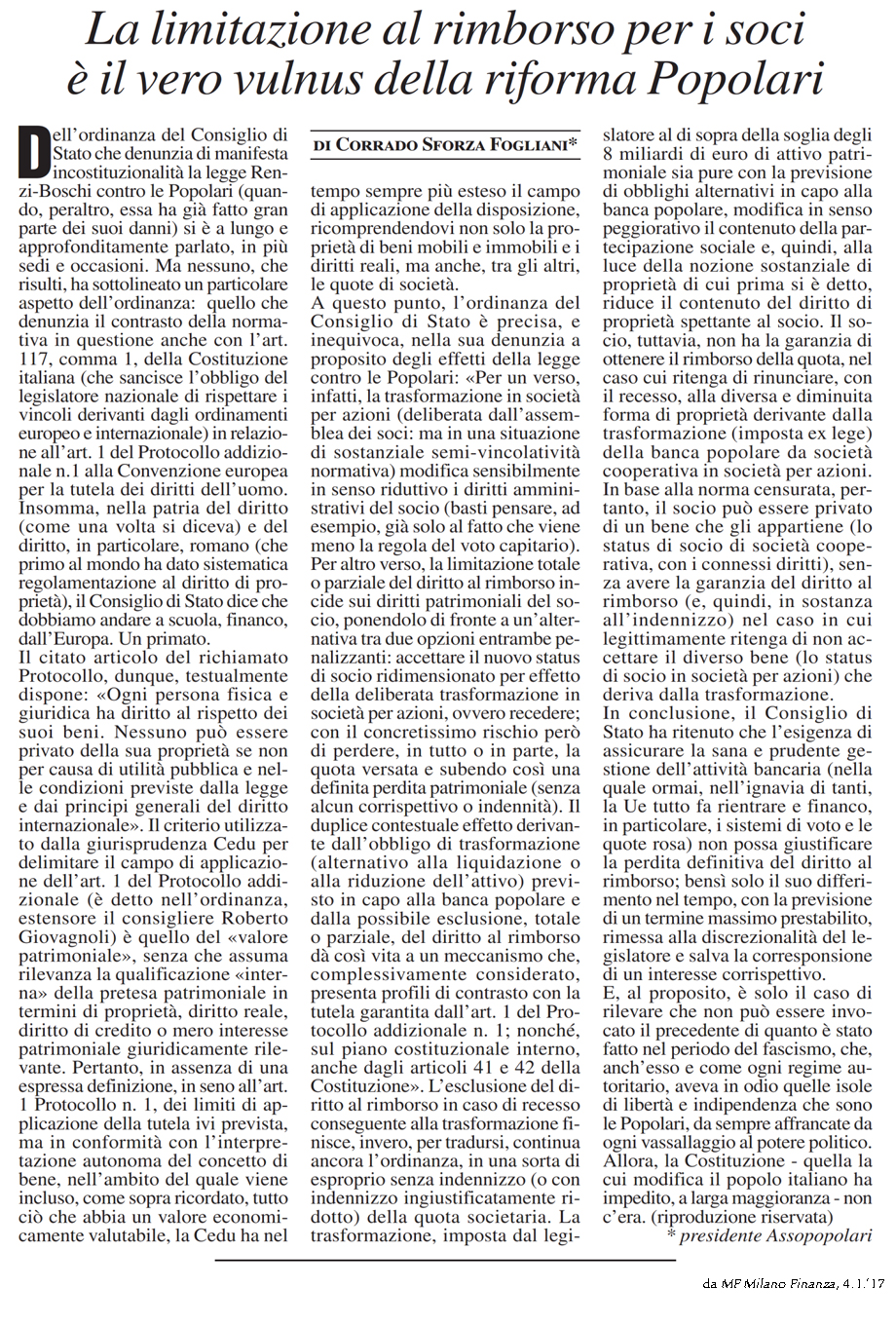 LA LEGGE CONTRO LE POPOLARI E' UNA LEGGE CONTRO IL DIRITTO DI PROPRIETA'