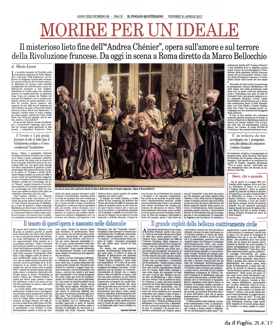 Un'intera pagina sul Foglio per l'"Andrea Chénier" di Bellocchio