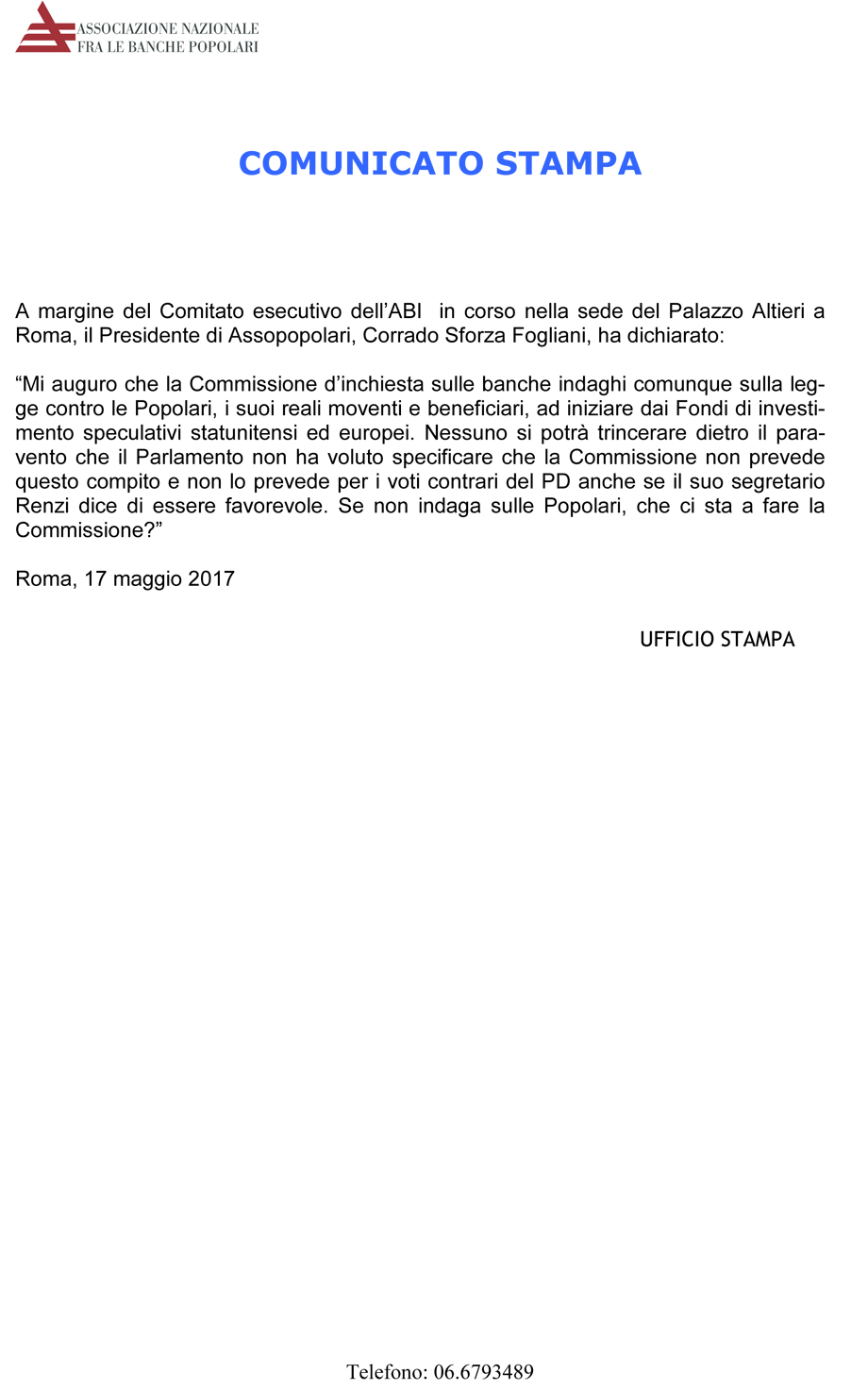 SFORZA FOGLIANI, SI INDAGHI SU LEGGE CONTRO POPOLARI