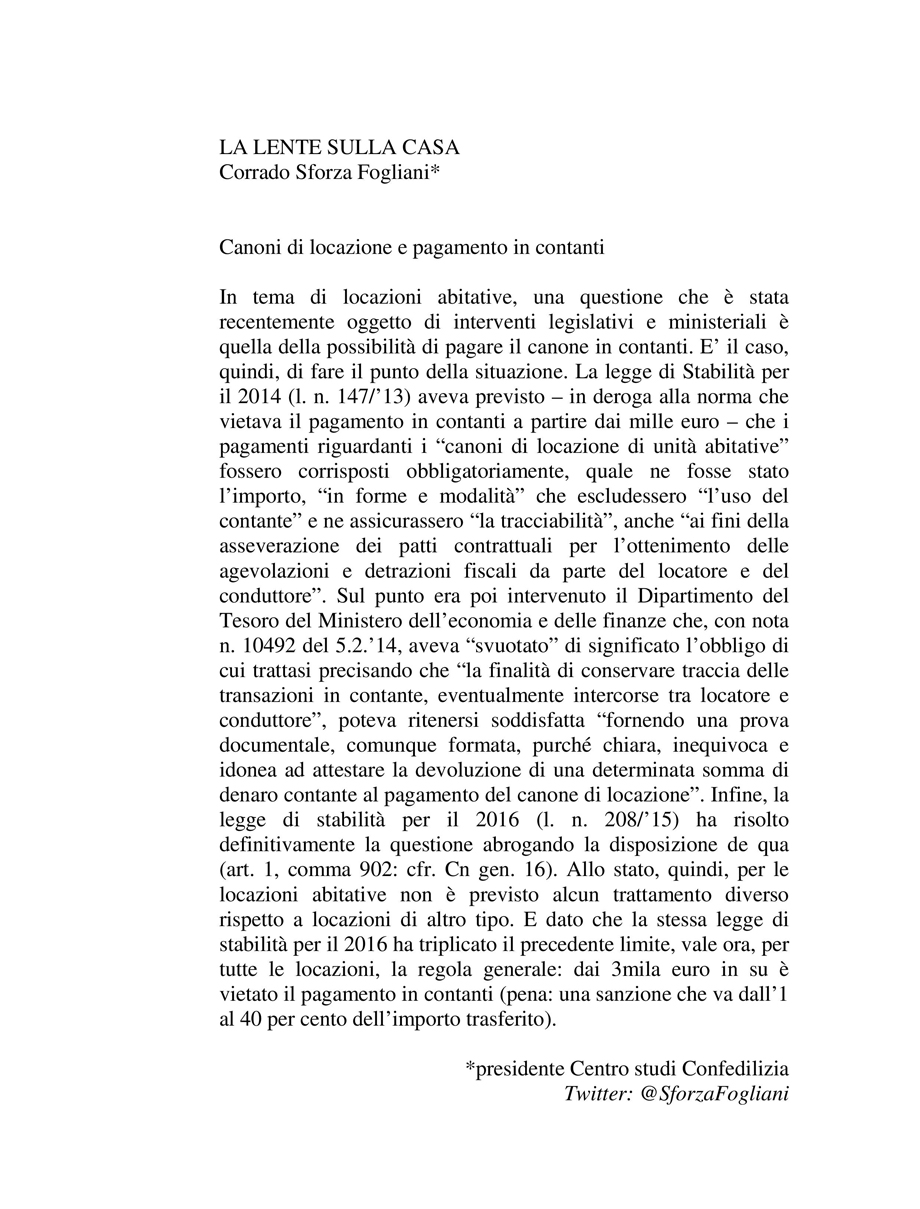 Canoni di locazione e pagamento in contanti