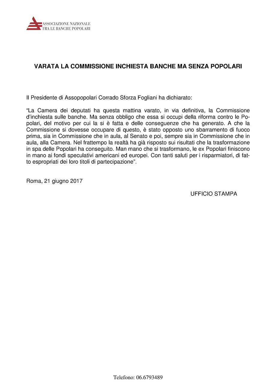 VARATA LA COMMISSIONE INCHIESTA BANCHE  MA SENZA POPOLARI