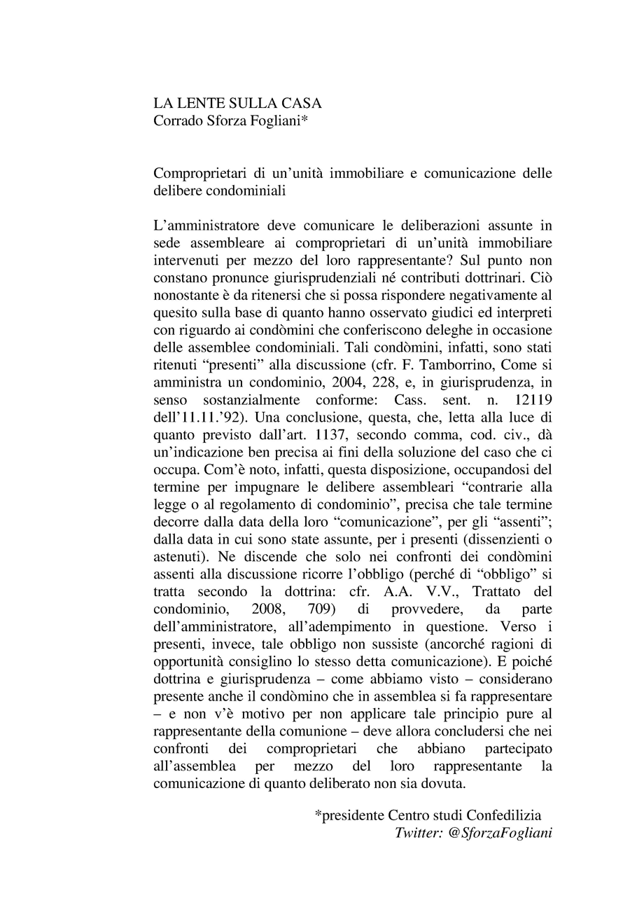 Comproprietari di un'unità immobiliare e comunicazione delle delibere condominiali