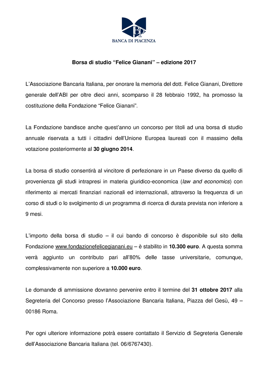 BORSA DI STUDIO PER IL PERFEZIONAMENTO ALL'ESTERO DI STUDI IN MATERIA GIURIDICO-ECONOMICA