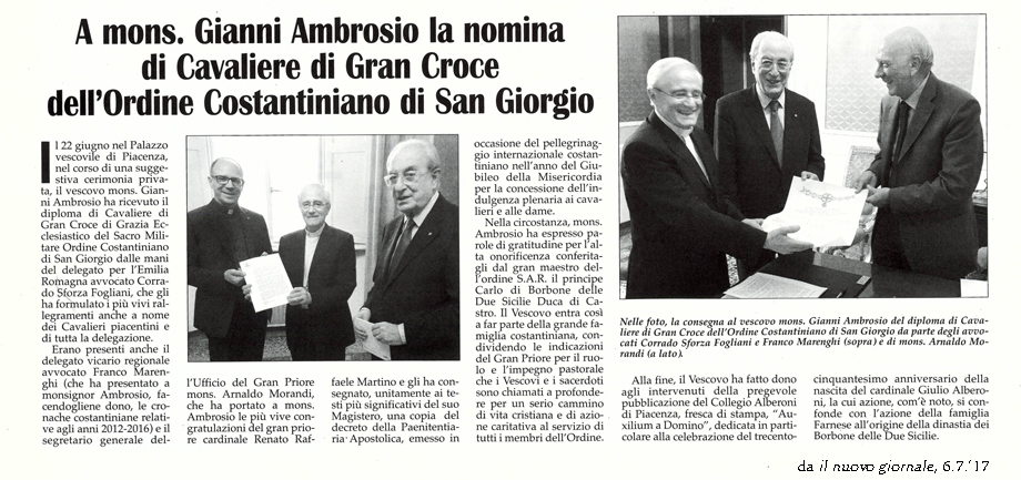 A MONS. GIANNI AMBROSIO LA NOMINA DI CAVALIERE DI GRAN CROCE DELL'ORDINE COSTANTINIANO DI SAN GIORGI