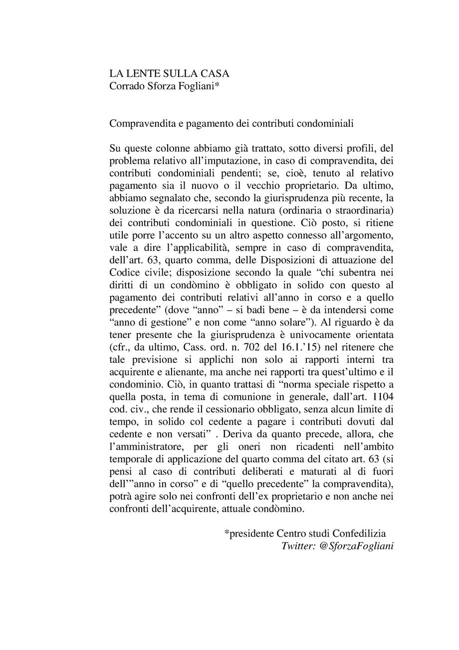 Compravendita e pagamento dei contributi condominiali