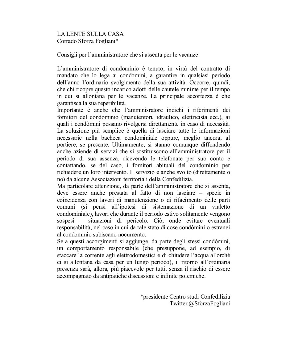 LENTE SULLA CASA - consigli per l'amministratore che si assenta per le vacanze