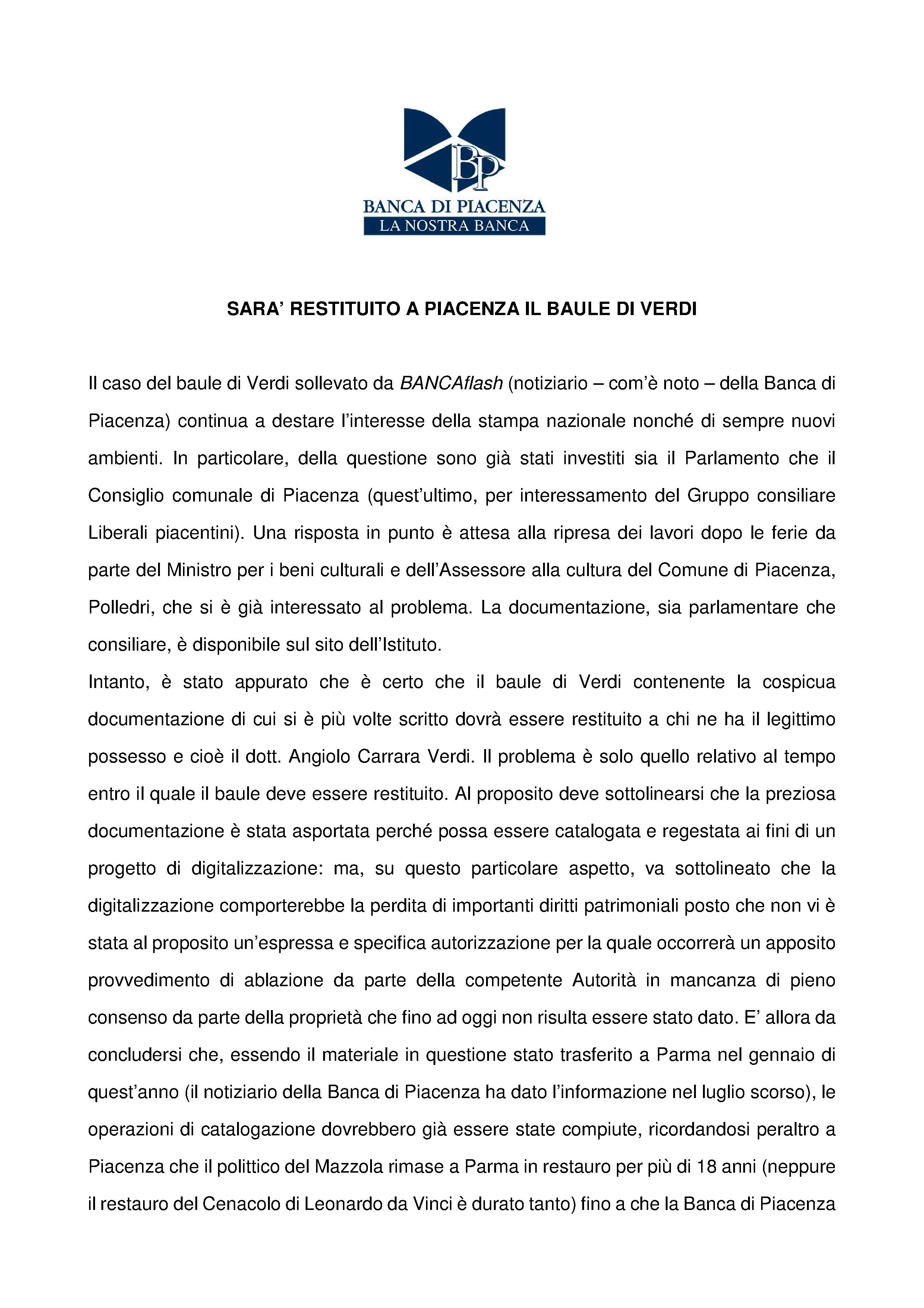 COMUNICATO STAMPA VERDI