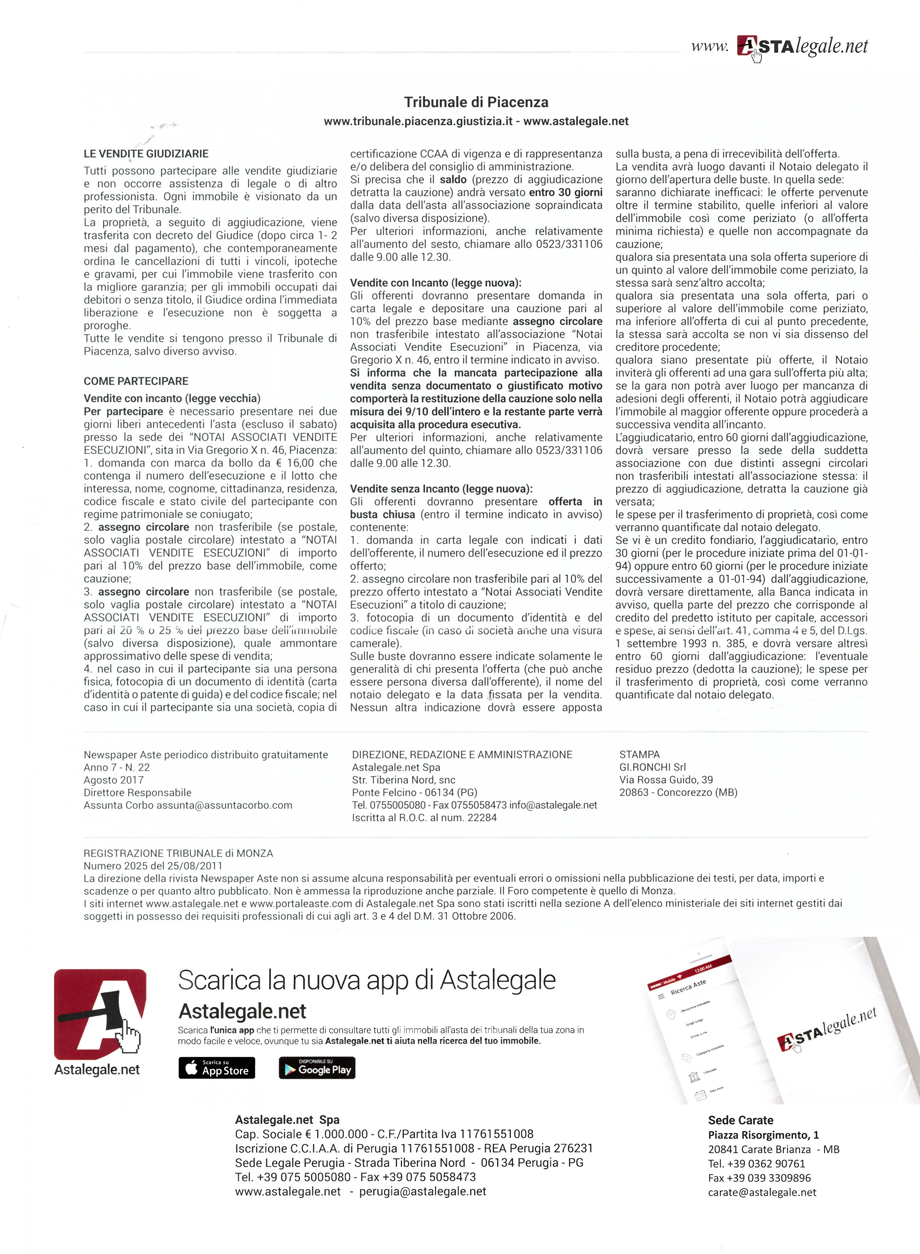 SU ASTALEGALE.NET SI POSSONO CONSULTARE TUTTI GLI IMMOBILI ALL'ASTA A PIACENZA E PROVINCIA