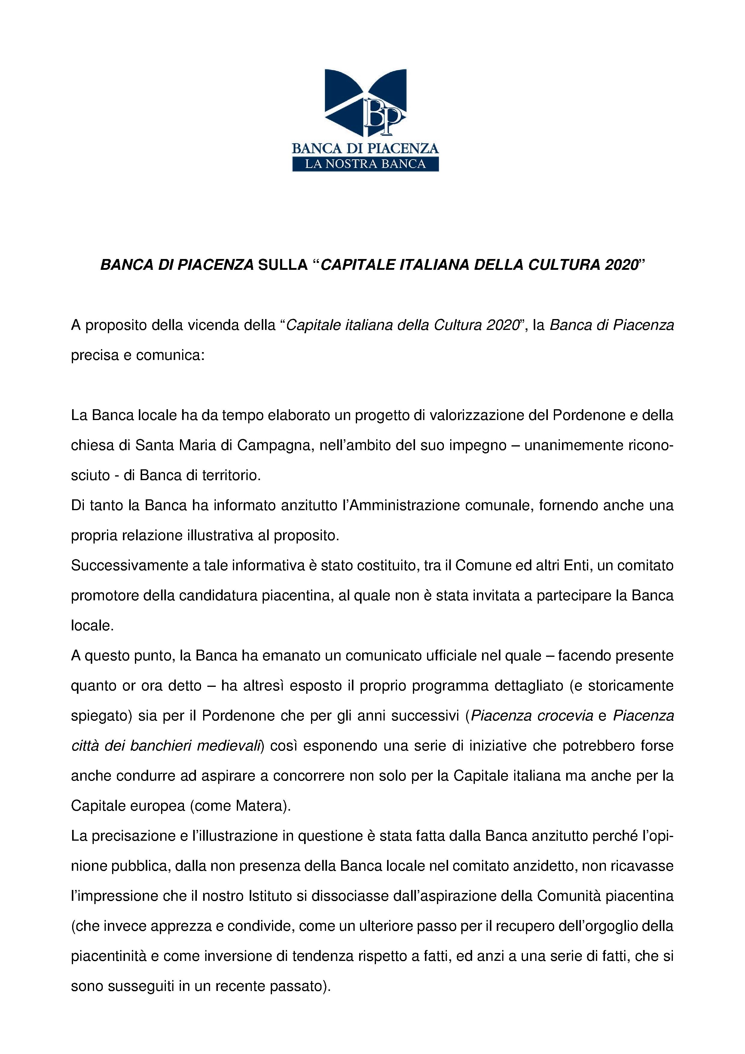 BANCA DI PIACENZA SULLA CAPITALE ITALIANA DELLA CULTURA 2020