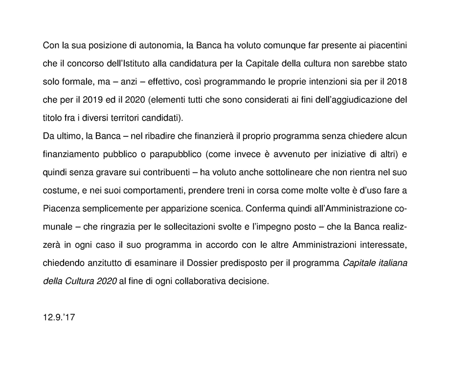 BANCA DI PIACENZA SULLA CAPITALE ITALIANA DELLA CULTURA 2020
