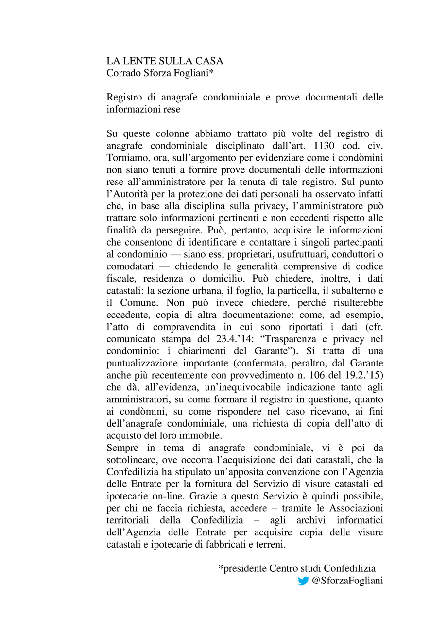 Registro di anagrafe condominiale e prove documentali delle informazioni rese