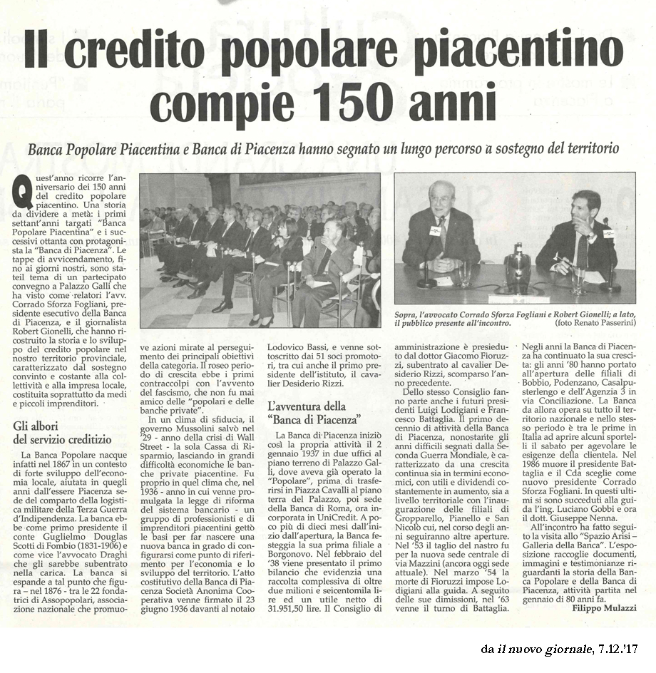 IL CREDITO POPOLARE PIACENTINO COMPIE 150 ANNI