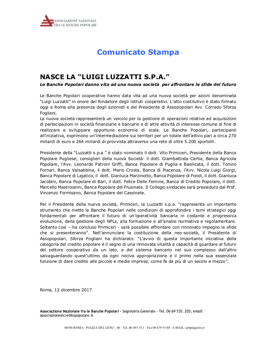 NASCE LA LUIGI LUZZATTI S.P.A.