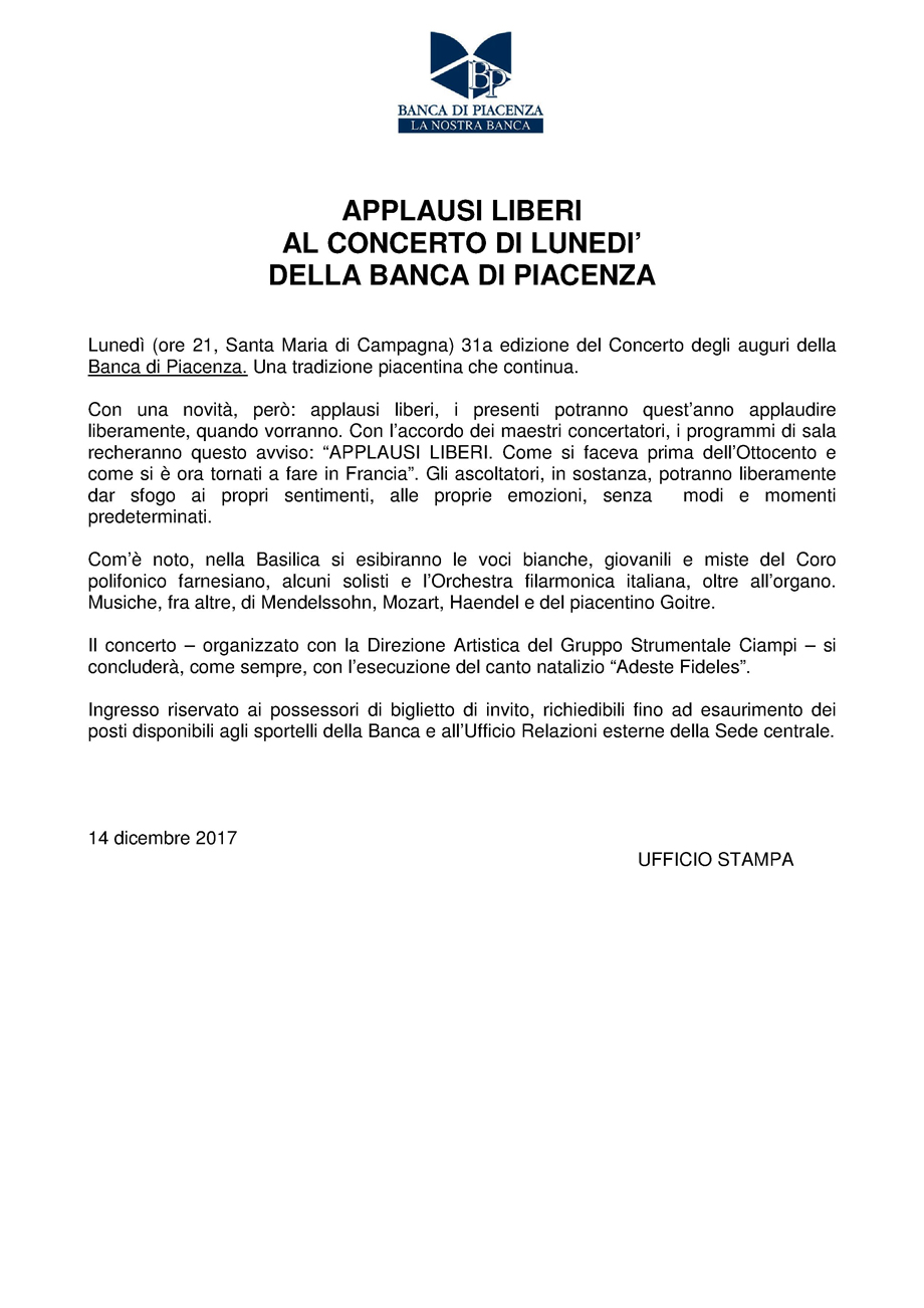APPLAUSI LIBERI AL CONVEGNO DI LUNEDI' DELLA BANCA DI PIACENZA