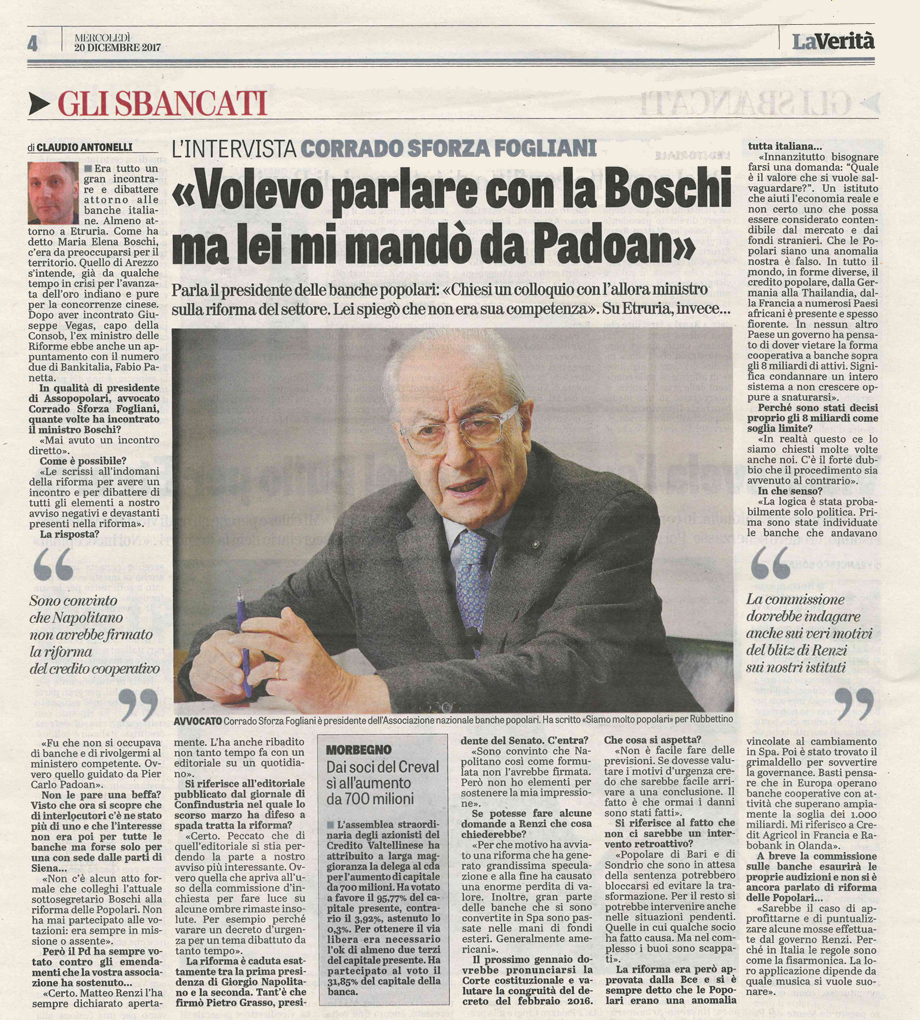 Il Presidente Sforza: <<Avevo chiesto alla Boschi di parlare e mi rimandò a Padoan>>