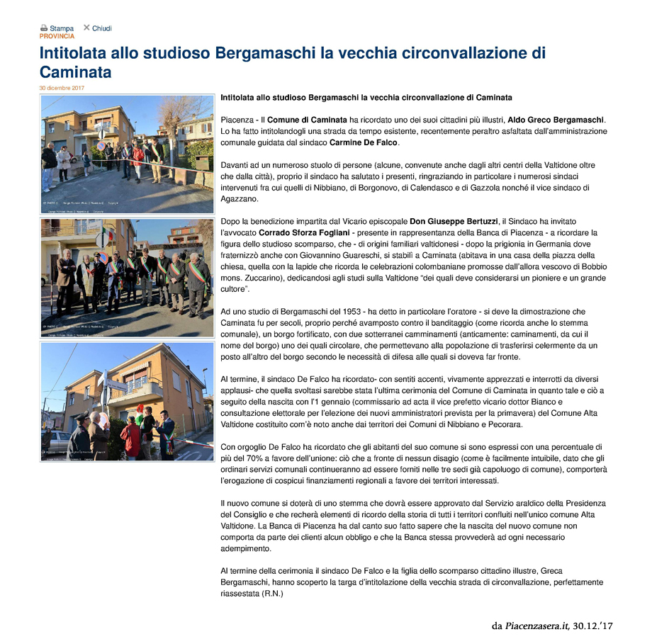 Intitolata allo studioso Bergamaschi la vecchia circonvallazione di Caminata