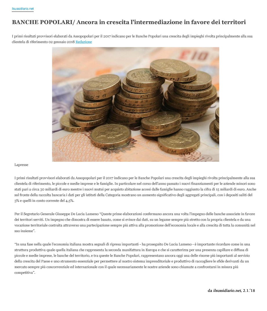 BANCHE POPOLARI/ Ancora in crescita l'intermediazione in favore dei territori