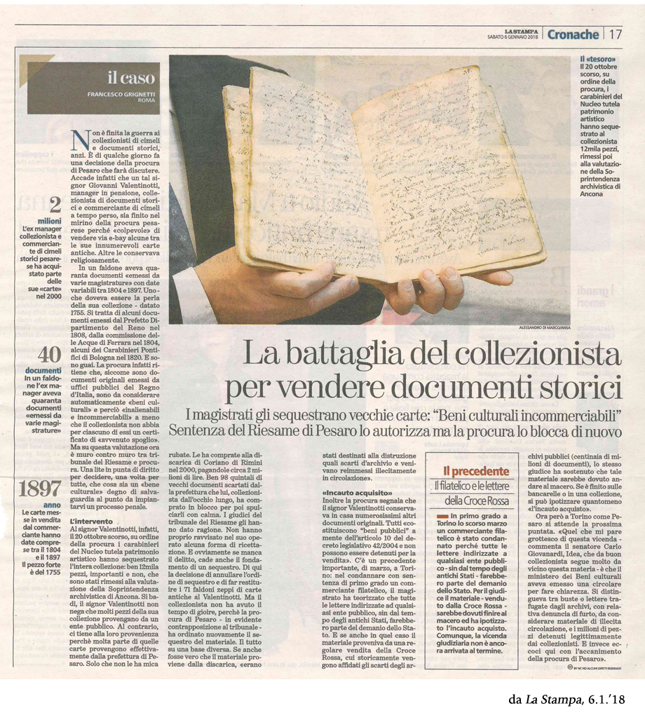 LA BATTAGLIA DEL COLLEZIONISTA PER VENDERE DOCUMENTI STORICI