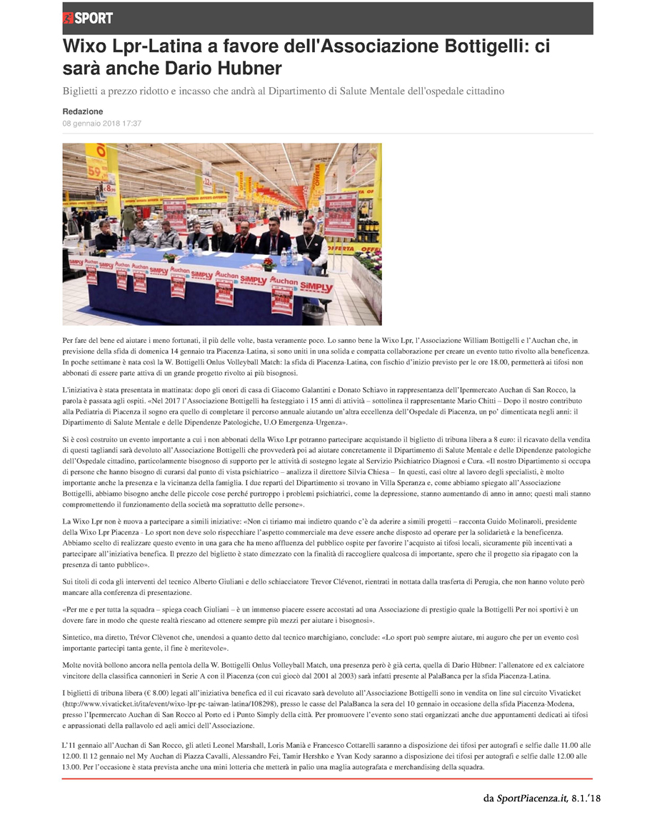 WIXO Lpr-Latina a favore dell'Associazione Bottigelli: ci sarà anche Dario Hubner
