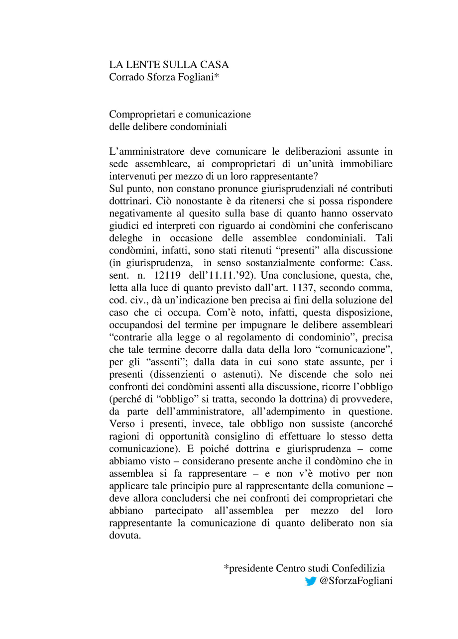 Comproprietari e comunicazione  delle delibere condominiali