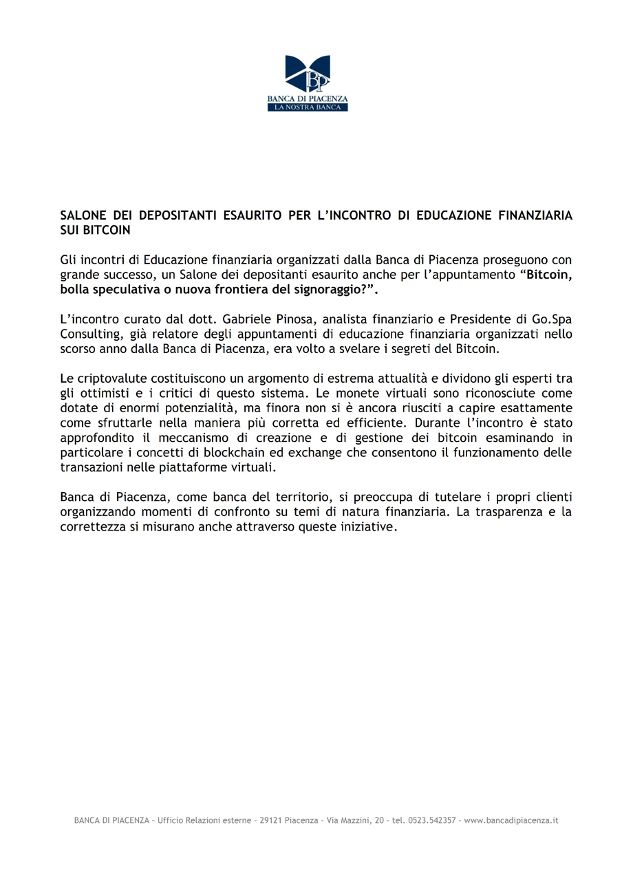 Comunicato stampa Bitcoin