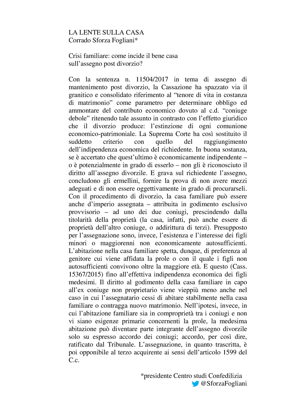 Crisi familiare: come incide il bene casa  sull'assegno post divorzio?