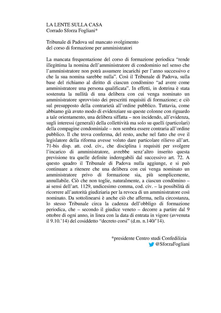 Tribunale di Padova sul mancato svolgimento  del corso di formazione per amministratori