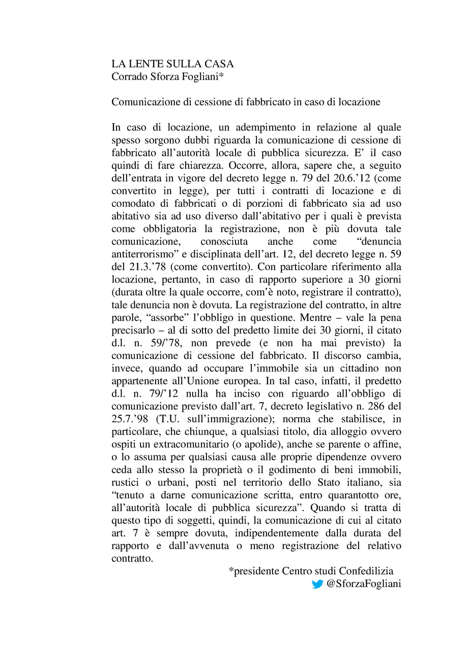 Comunicazione di cessione di fabbricato in caso di locazione
