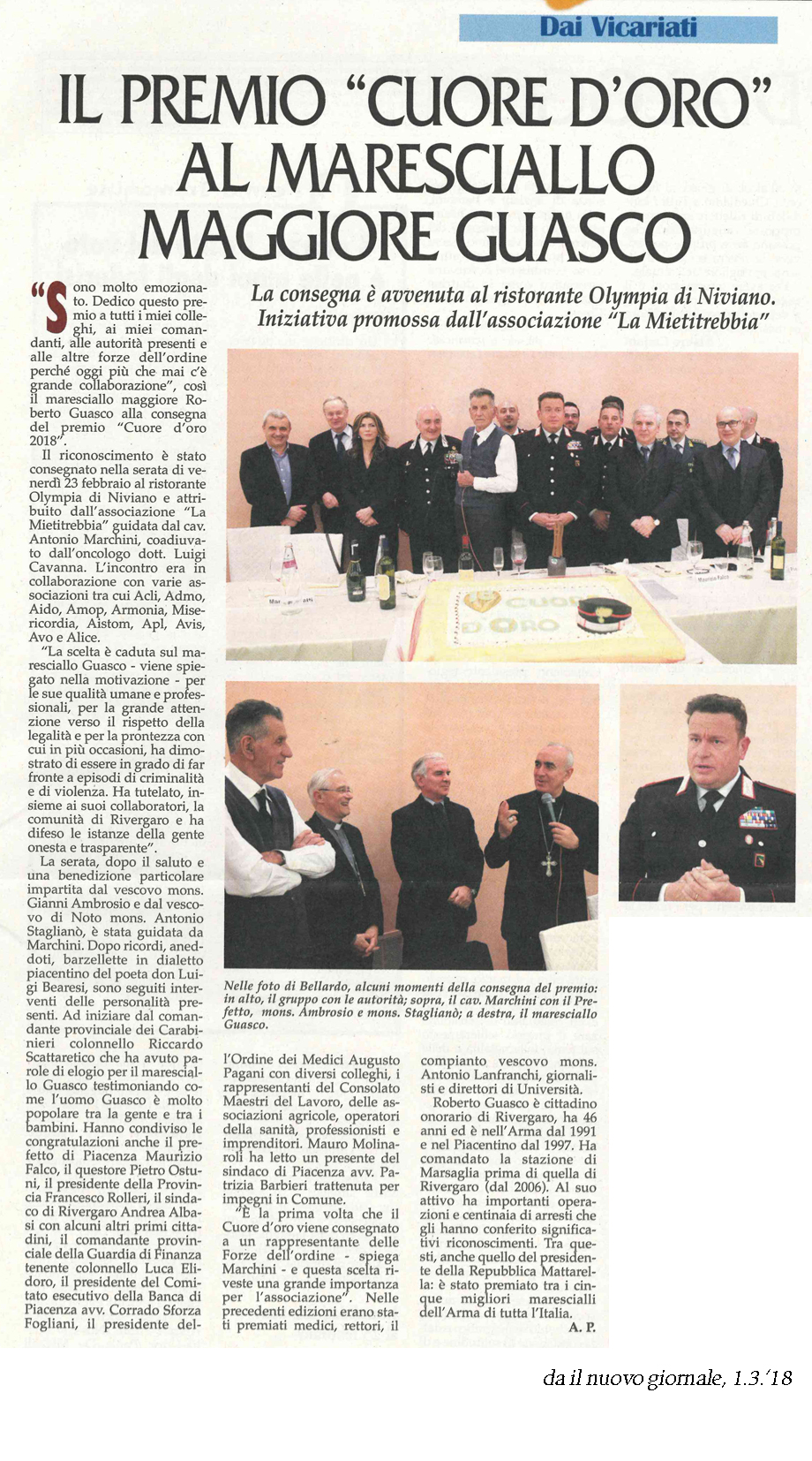 Il premio "cuore d'oro" al maresciallo maggiore guasco