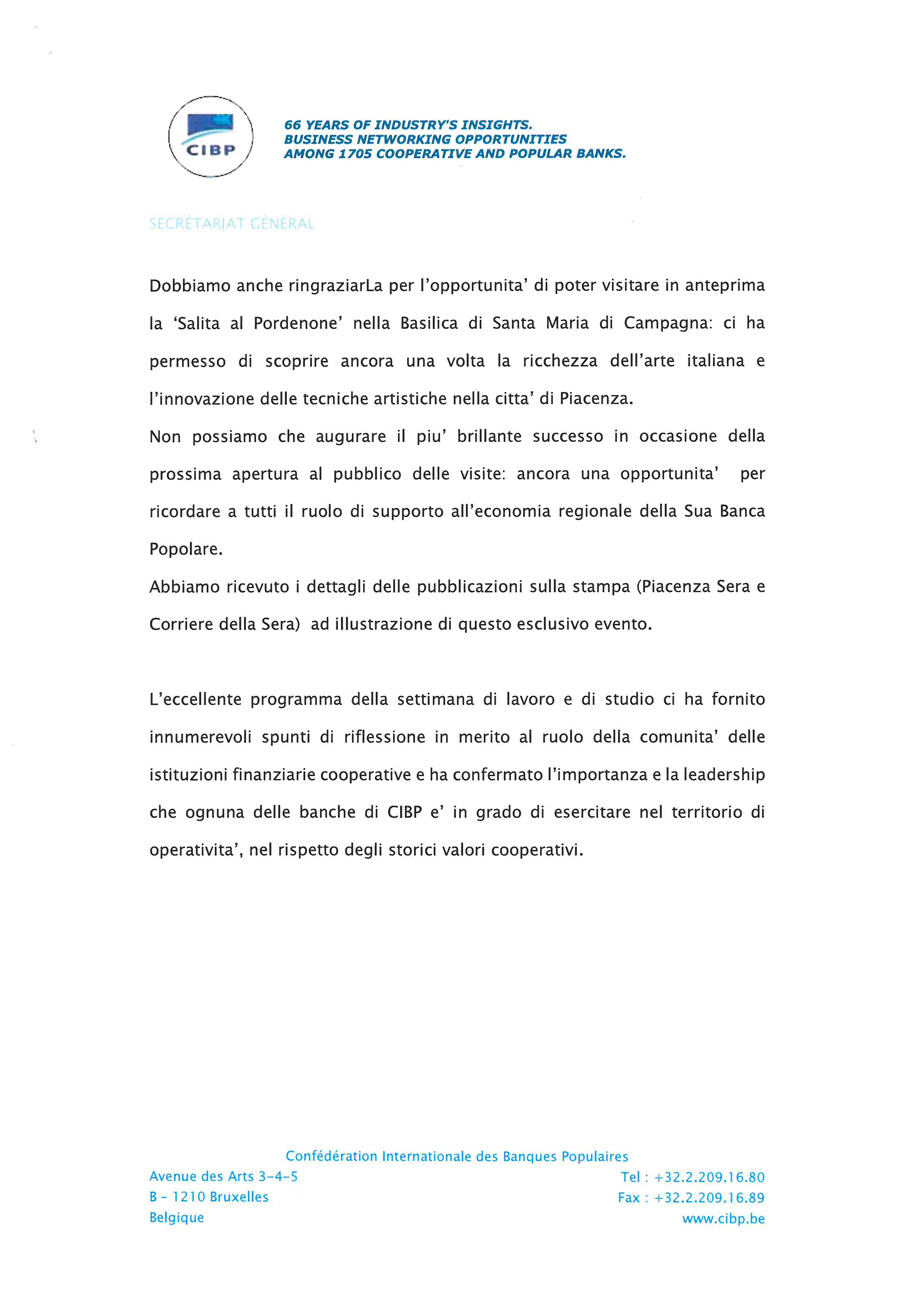La confederazione delle banche popolari scrive alla Banca di Piacenza