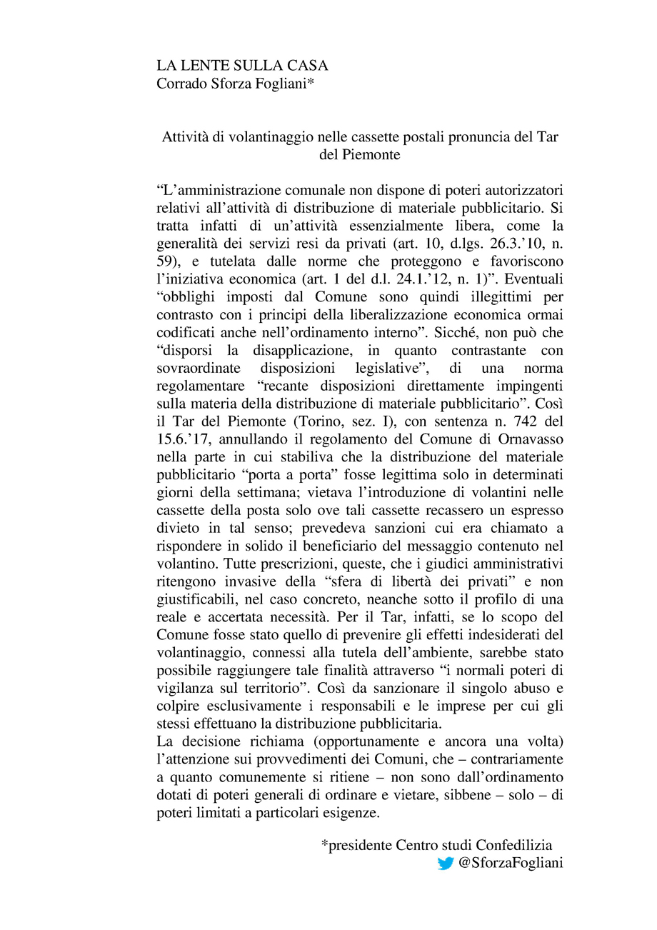 Attività di volantinaggio nelle cassette postali pronuncia del Tar del Piemonte