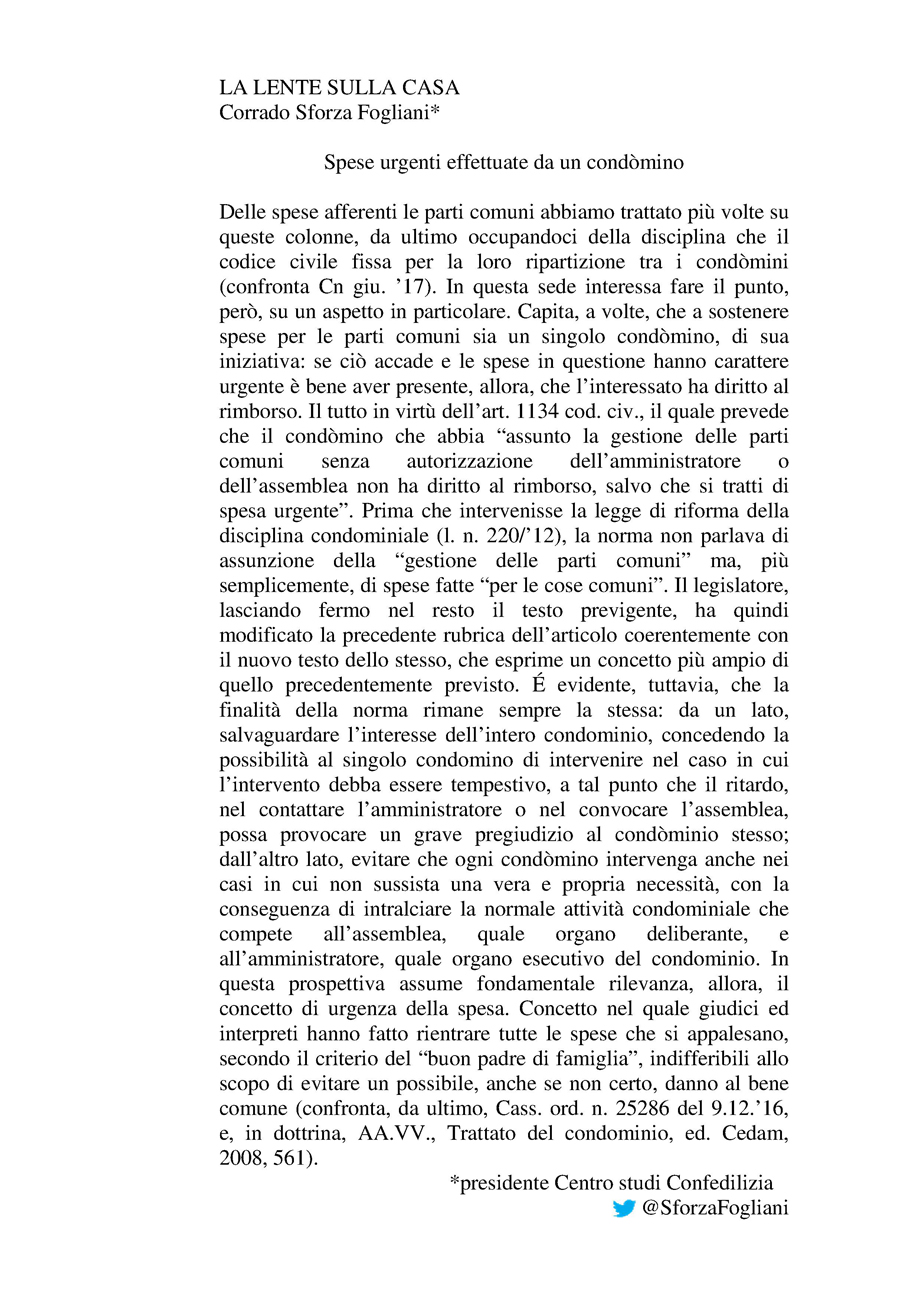 Spese urgenti effettuate da un condòmino