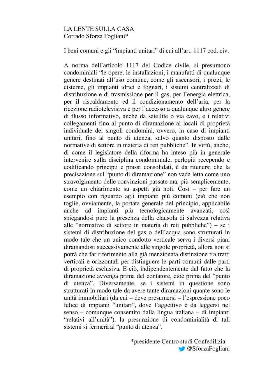 I beni comuni e gli impianti unitari di cui all'art. 1117 cod. civ.