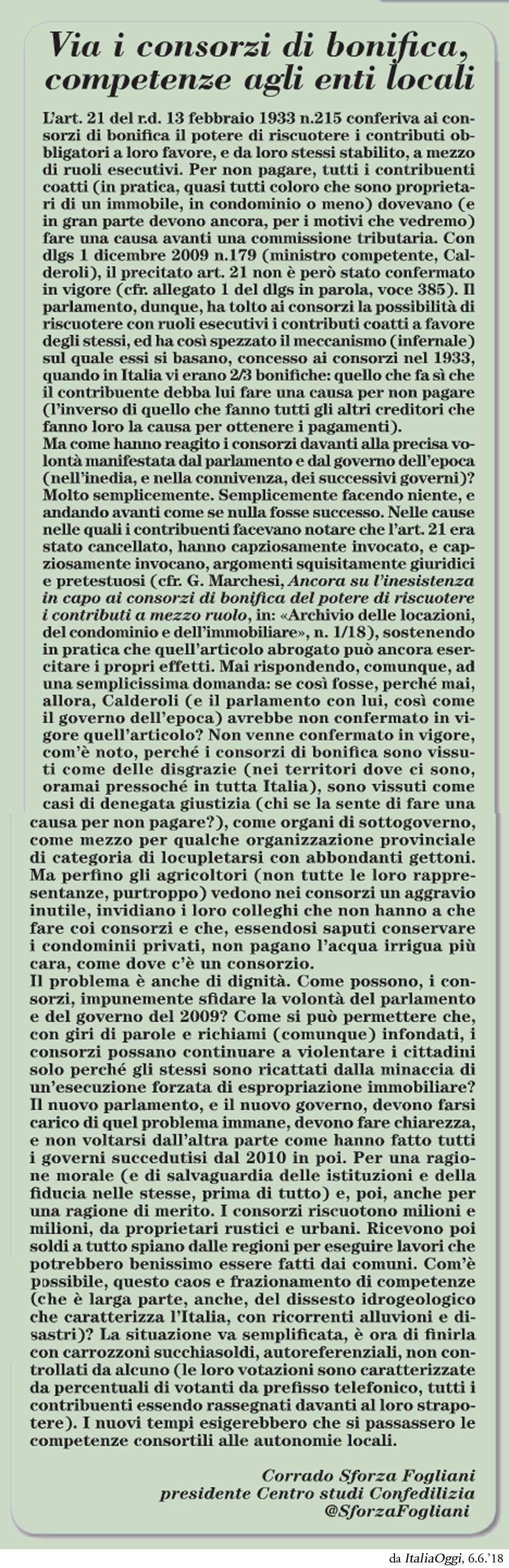 Via i consorzi di bonifica, competenze agli enti locali