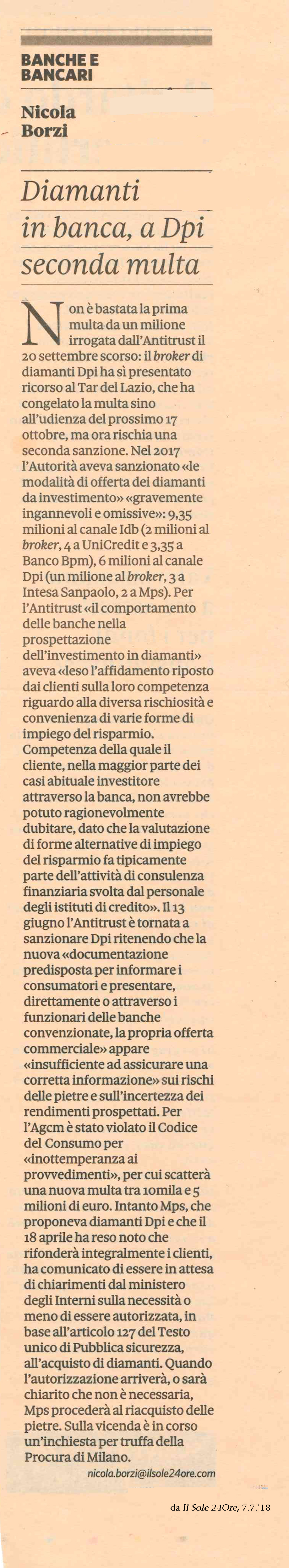 Diamanti in banca, a Dpi seconda multa