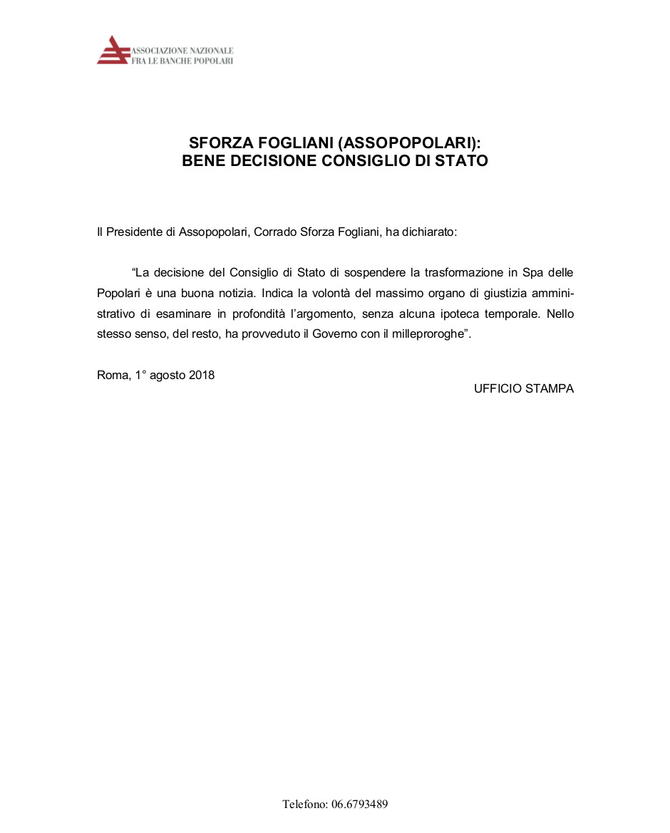 SFORZA FOGLIANI (ASSOPOPOLARI):  BENE DECISIONE CONSIGLIO DI STATO