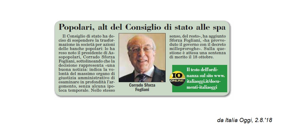 Popolari, alt del Consiglio di stato alle spa