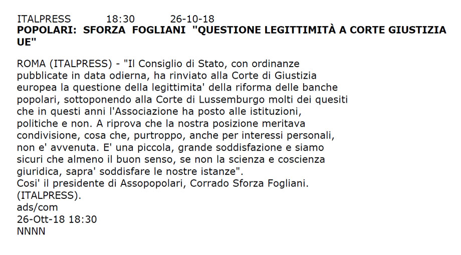 Popolari: Sforza Fogliani "Questione legittimità a corte giustizia UE"