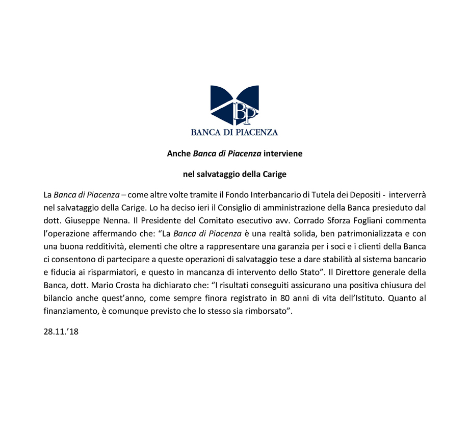 Anche Banca di Piacenza interviene nel salvataggio della Carige