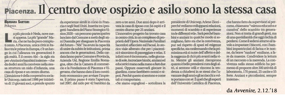 IL CENTRO PIACENTINO ABI (ANZIANI E BAMBINI INSIEME) SU AVVENIRE