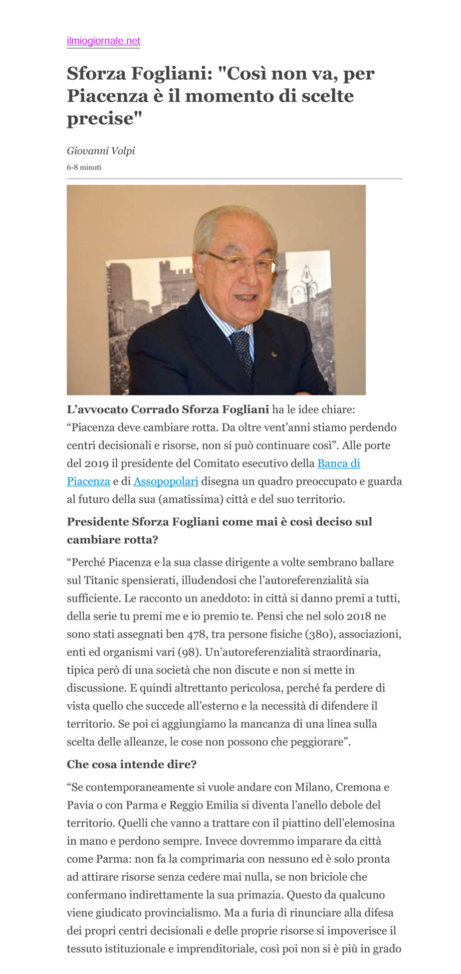 Sforza Fogliani: "Così non va, per Piacenza è il momento di scelte precise"