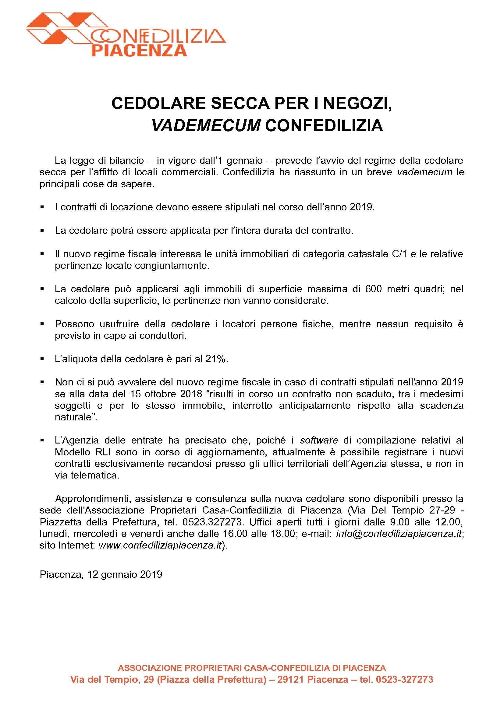 CEDOLARE SECCA PER I NEGOZI, VADEMECUM CONFEDILIZIA