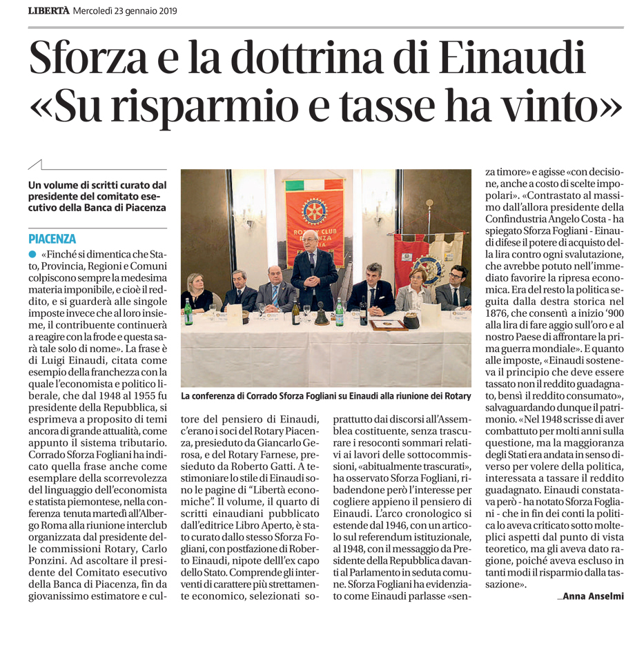 Sforza e la dottrina di Einaudi «Su risparmio e tasse ha vinto»