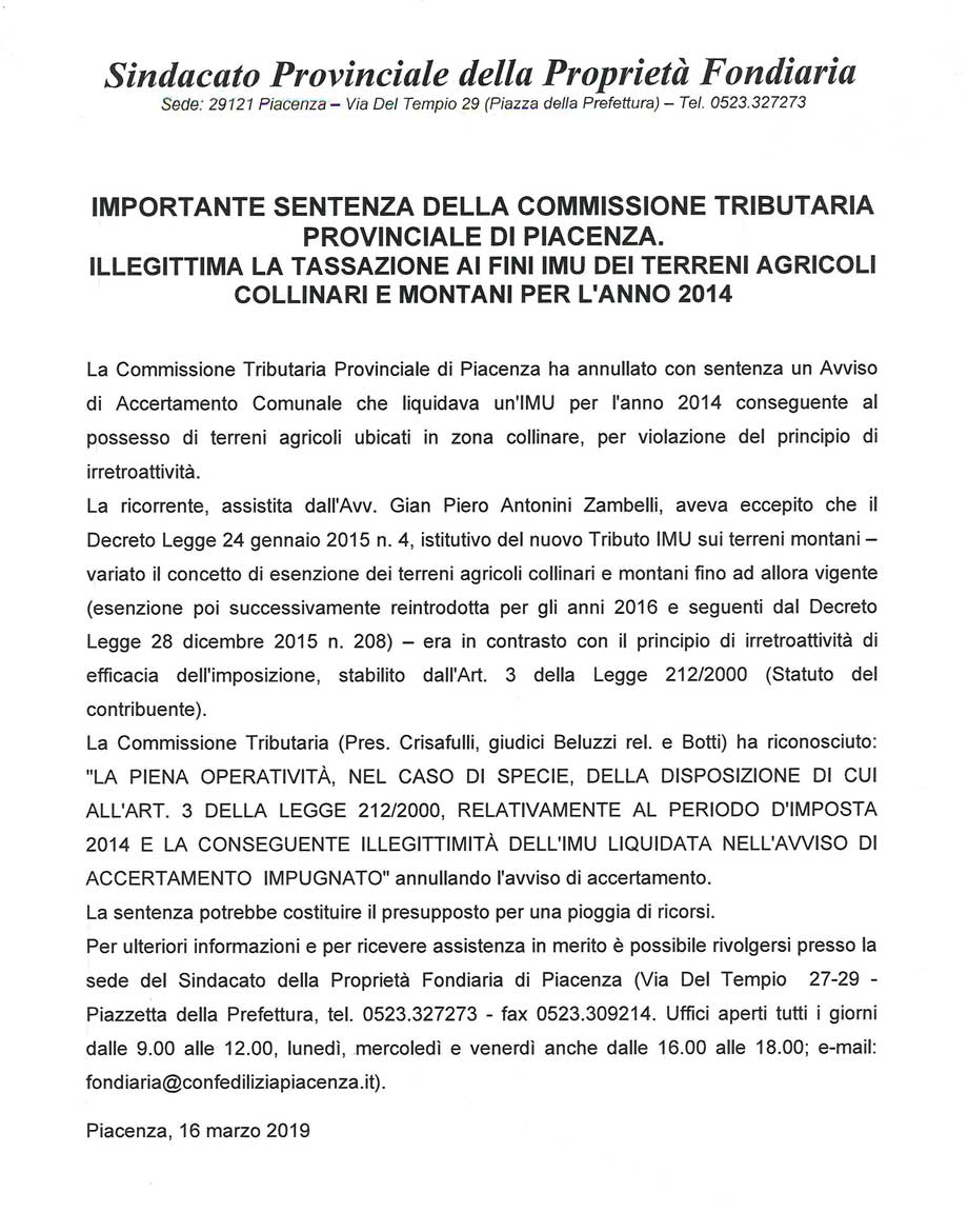 IMPORTANTE SENTENZA DELLA COMMISSIONE TRIBUTARIA PROVINCIALE DI PIACENZA