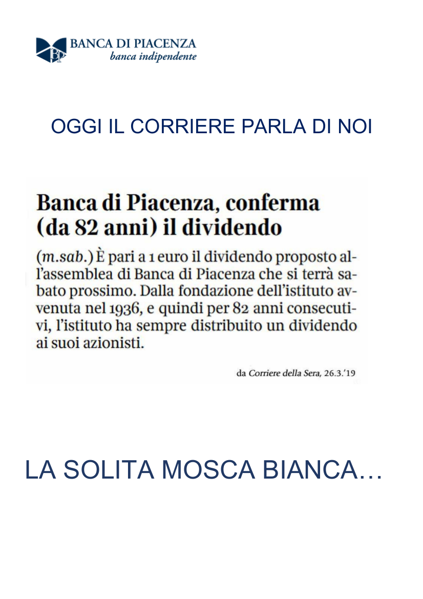 Banca di Piacenza, conferma (da 82 anni) il dividendo